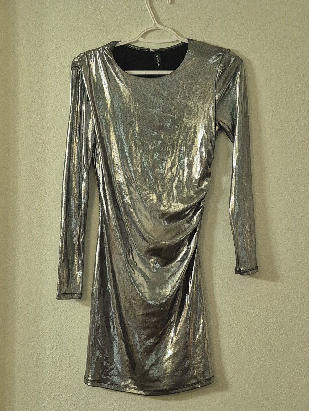 Silver Metallic Long-Sleeve Ruched Mini Dress